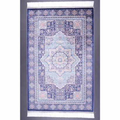 Geometric Blue and Beige Silk Rug 3.9x5.9 ft Medallion - Rugs 1
