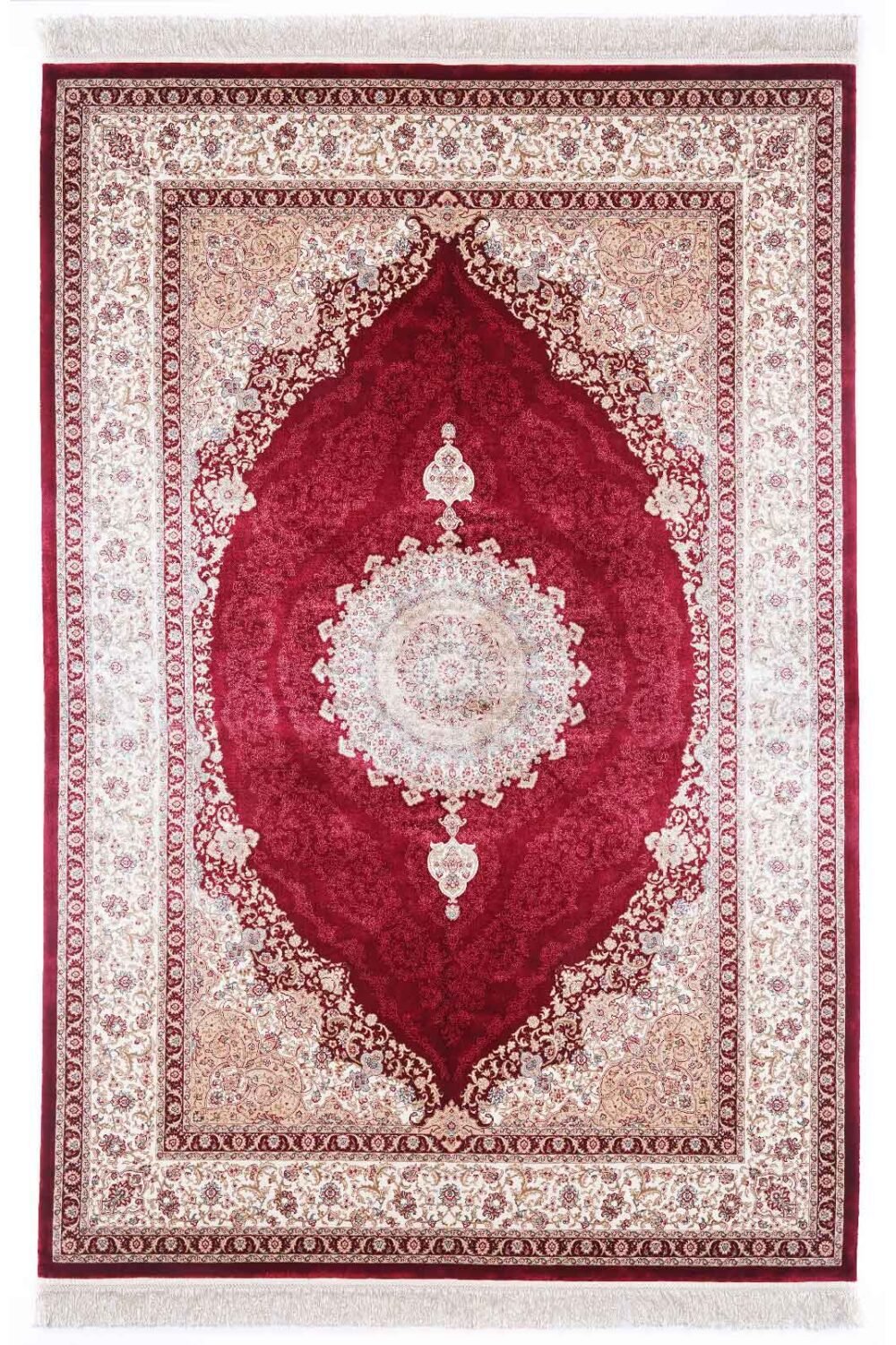 Medallion Beige Red Area Rug 7.5x5.2 ft Bamboo Silk Oriental - Rugs 1