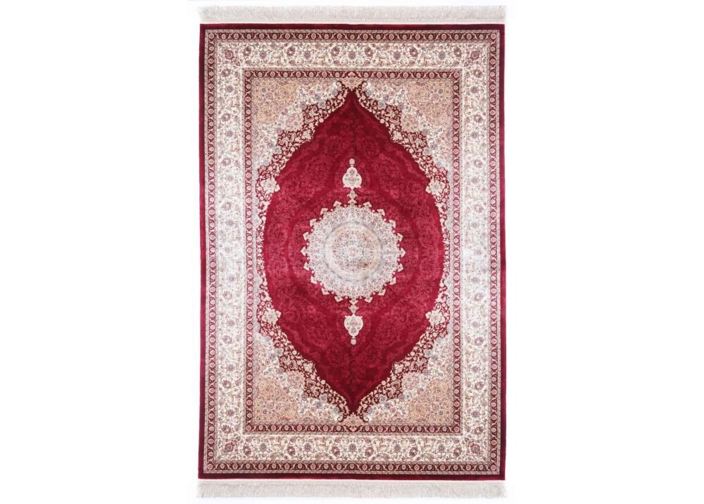 Medallion Beige Red Area Rug 7.5x5.2 ft Bamboo Silk Oriental - Rugs 1