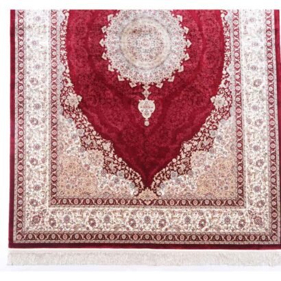 Medallion Beige Red Area Rug 7.5x5.2 ft Bamboo Silk Oriental - Rugs 1