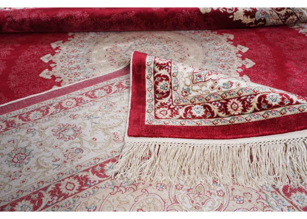 Medallion Beige Red Area Rug 7.5x5.2 ft Bamboo Silk Oriental - Rugs 1