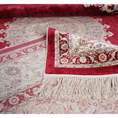 Medallion Beige Red Area Rug 7.5x5.2 ft Bamboo Silk Oriental - Rugs 1