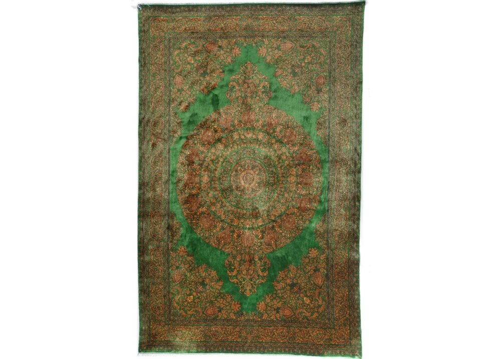 Medallion Green Silk Rug with Gold Accent 9.8x6.3 ft Bamboo Silk - Rugs 1