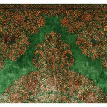 Medallion Green Silk Rug with Gold Accent 9.8x6.3 ft Bamboo Silk - Rugs 1