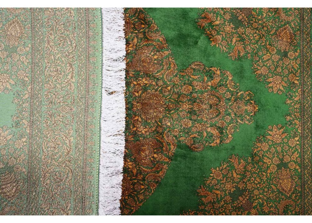 Medallion Green Silk Rug with Gold Accent 9.8x6.3 ft Bamboo Silk - Rugs 1
