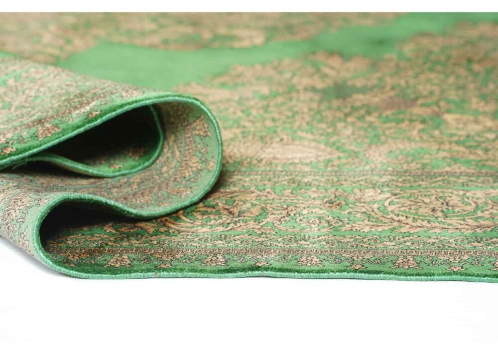 Medallion Green Silk Rug with Gold Accent 9.8x6.3 ft Bamboo Silk - Rugs 1