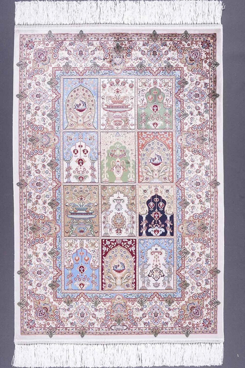 Orange and White Checkered Rug 2.6x3.9 ft Silk Medallion - Rugs 1