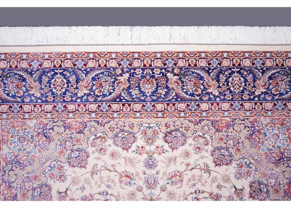 Oriental Pattern Tugra Beige Blue Rug 6.5x9.8 ft Bamboo-Silk