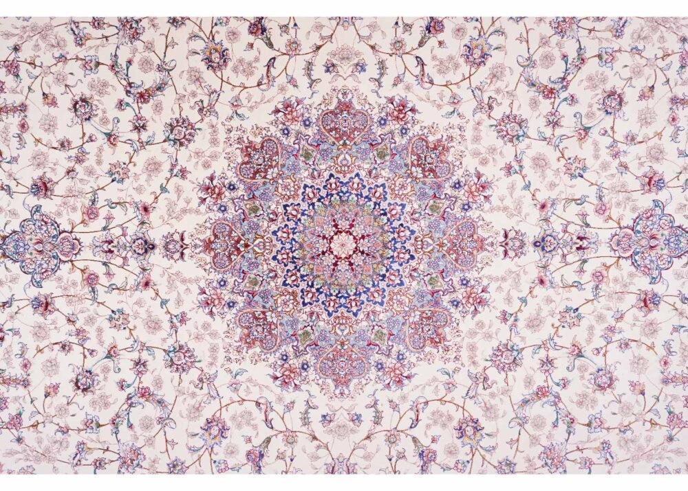Oriental Pattern Tugra Beige Blue Rug 6.5x9.8 ft Bamboo-Silk