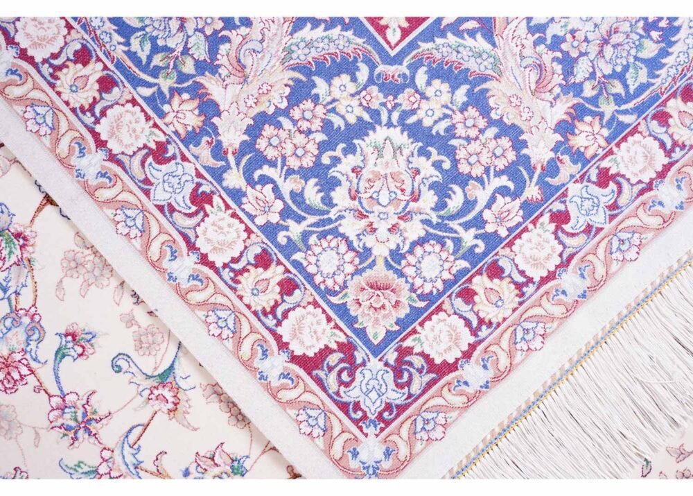 Oriental Pattern Tugra Beige Blue Rug 6.5x9.8 ft Bamboo-Silk