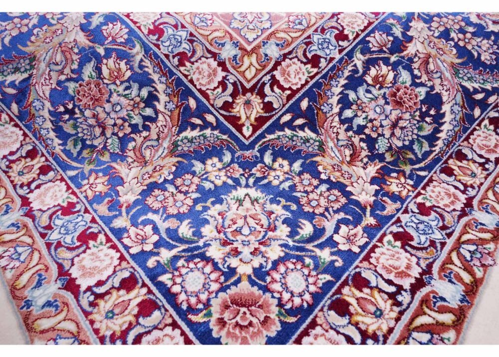 Oriental Pattern Tugra Beige Blue Rug 6.5x9.8 ft Bamboo-Silk