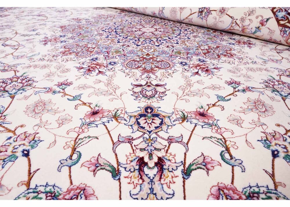 Oriental Pattern Tugra Beige Blue Rug 6.5x9.8 ft Bamboo-Silk