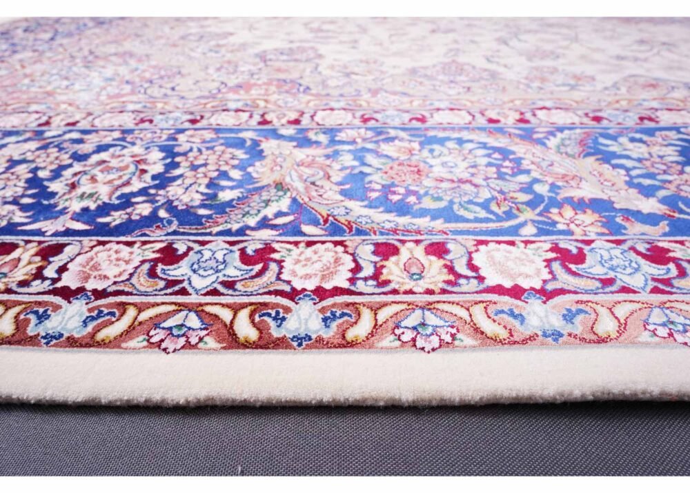 Oriental Pattern Tugra Beige Blue Rug 6.5x9.8 ft Bamboo-Silk