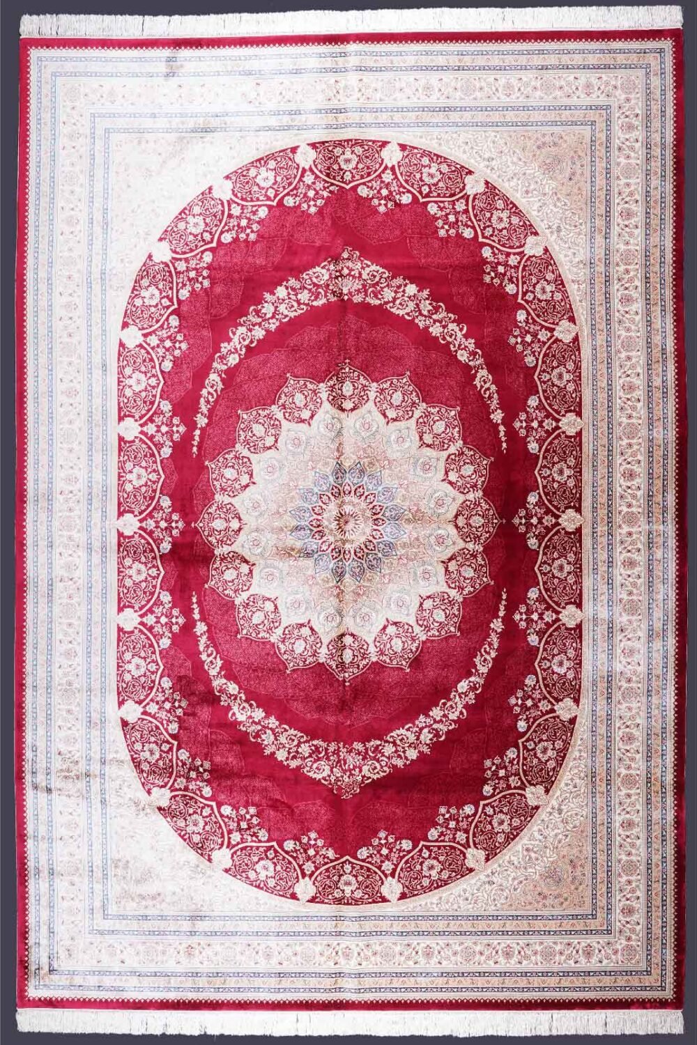 Red and Beige Silk Rug 7.8x11.1 ft Medallion Bamboo Silk - Rugs 1