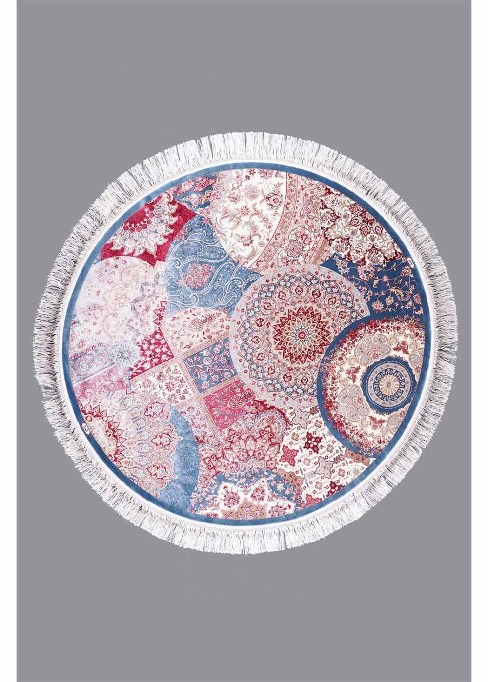 Round Area Rug Blue and Red 4.9x4.9 ft Medallion Silk - Rugs 1