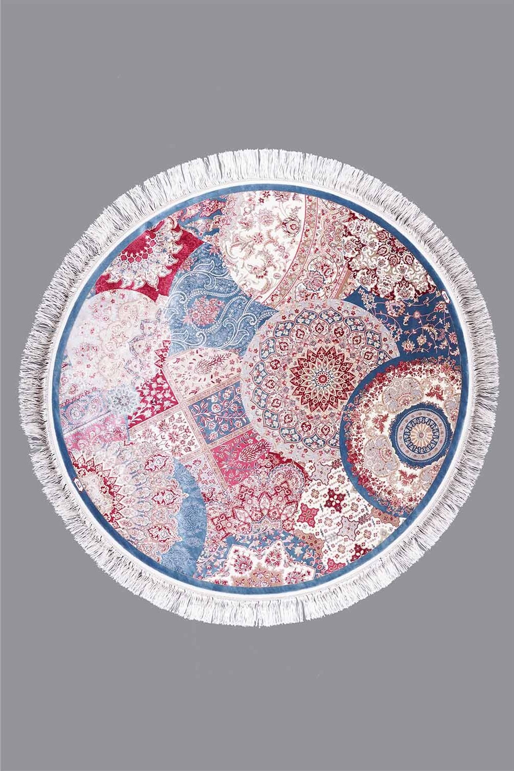 Round Area Rug Blue and Red 4.9x4.9 ft Medallion Silk - Rugs 1