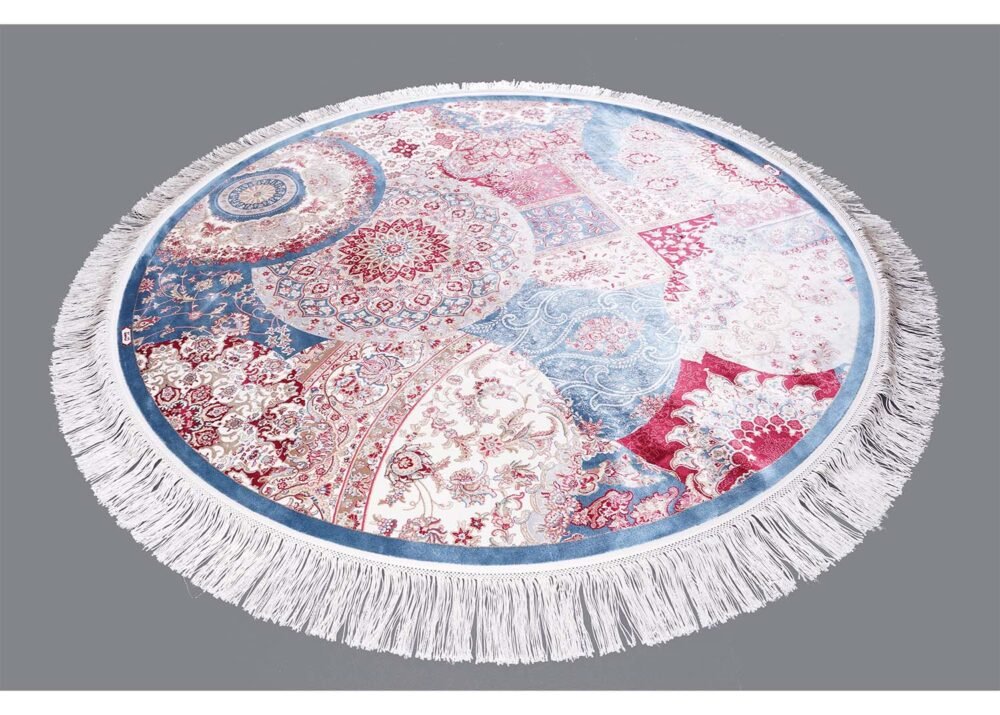 Round Area Rug Blue and Red 4.9x4.9 ft Medallion Silk - Rugs 1