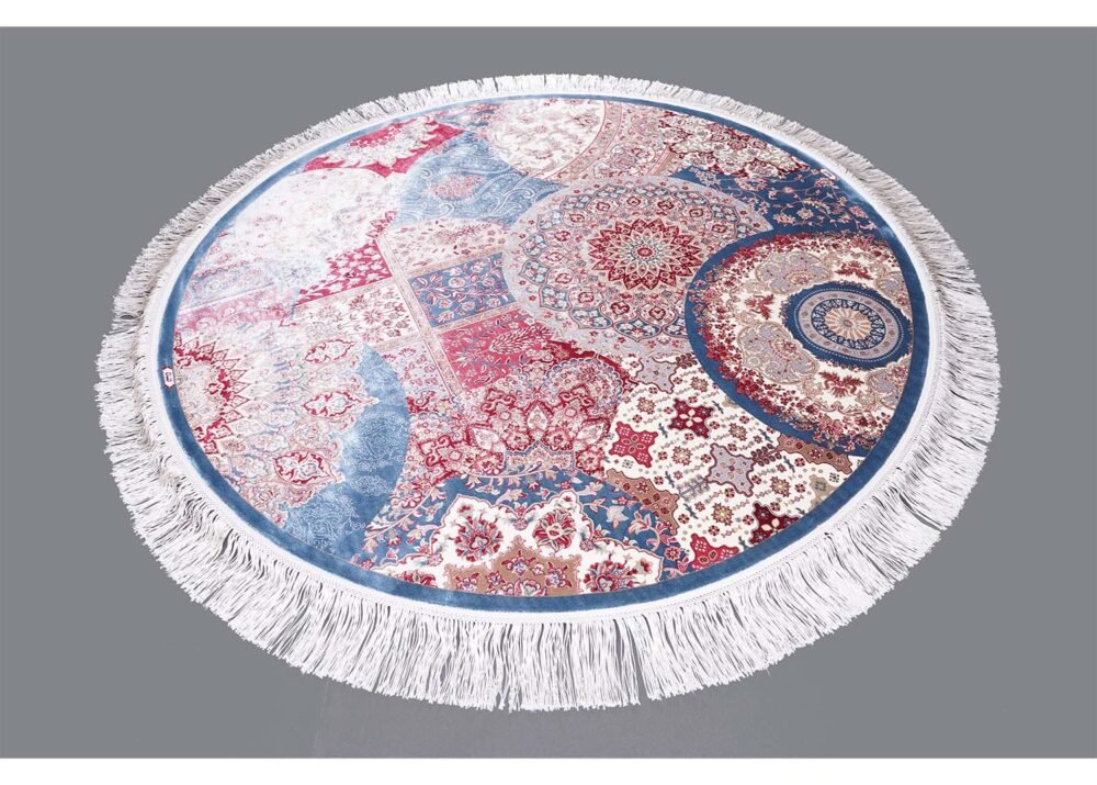 Round Area Rug Blue and Red 4.9x4.9 ft Medallion Silk - Rugs 1