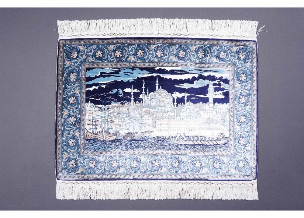 Rug Blue and White Ayasofya 1.6x2.2 ft Silk-Bamboo - Rugs 1