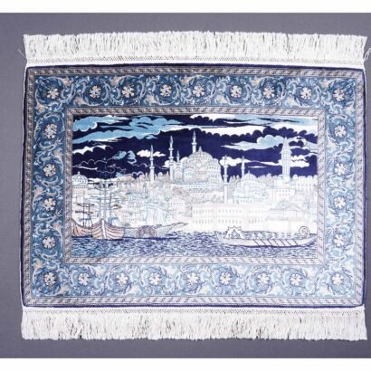 Rug Blue and White Ayasofya 1.6x2.2 ft Silk-Bamboo - Rugs 1