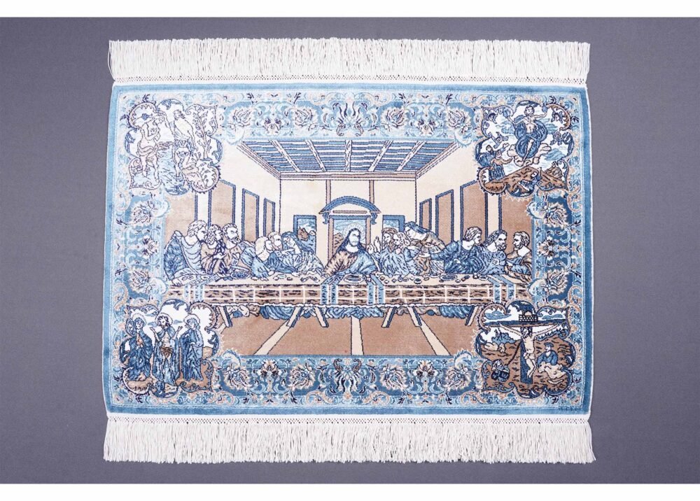 Small Blue Beige Rug Bamboo-Silk Portrait 1.6x2.2 ft - Rugs 1