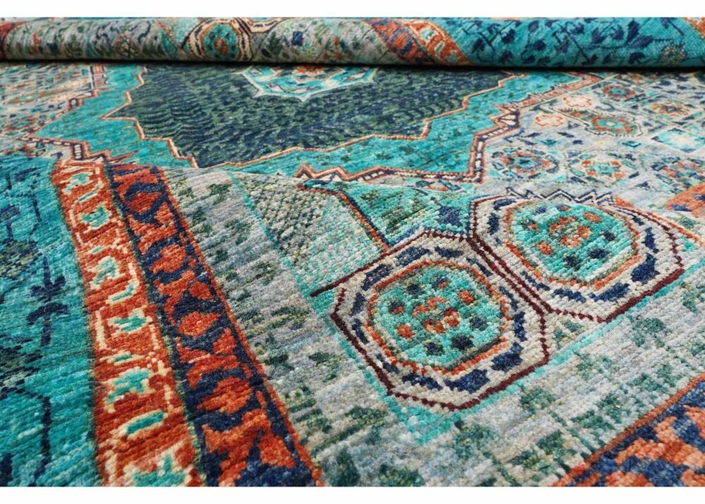 Traditional Memluk Blue Bedroom Rug Hand-Knotted with Wool & Cotton