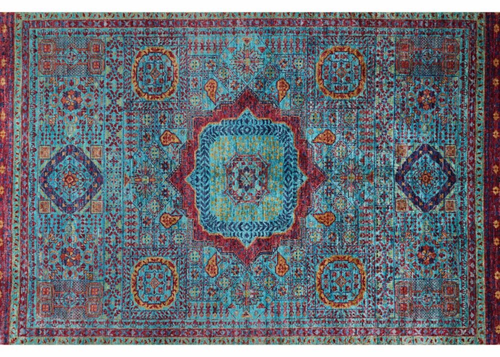 Traditional Memluk Red Blue Area Rug Hand-Knotted Wool-Cotton 7x5 ft