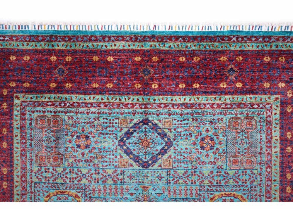 Traditional Memluk Red Blue Area Rug Hand-Knotted Wool-Cotton 7x5 ft