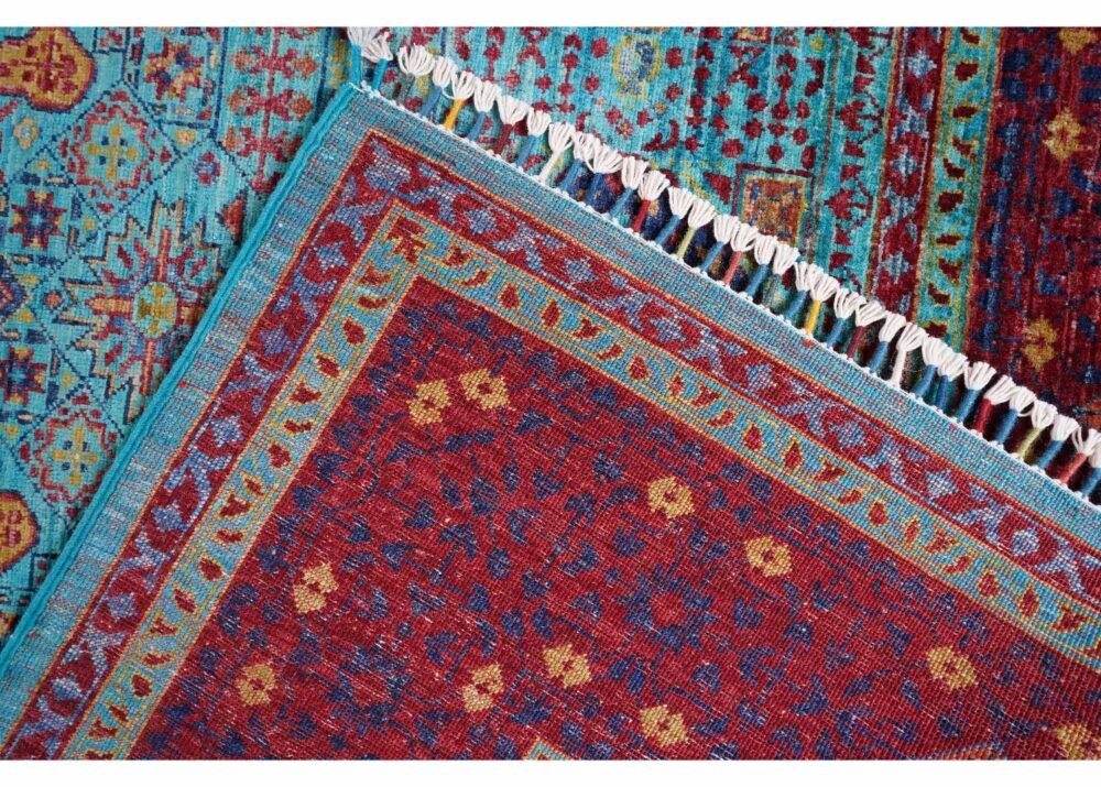 Traditional Memluk Red Blue Area Rug Hand-Knotted Wool-Cotton 7x5 ft