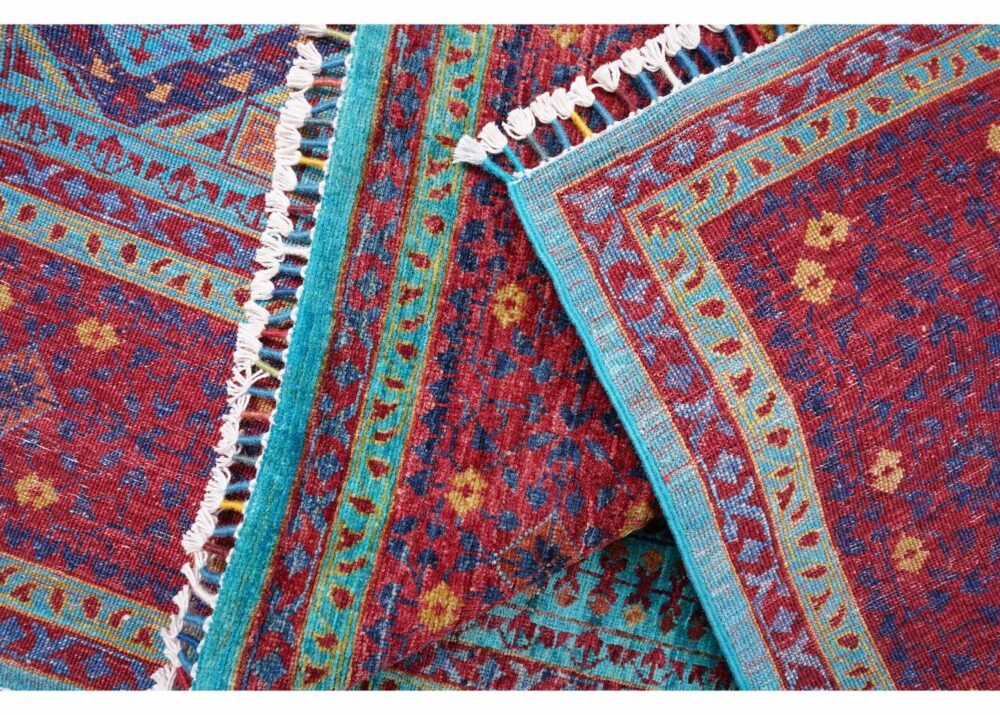 Traditional Memluk Red Blue Area Rug Hand-Knotted Wool-Cotton 7x5 ft