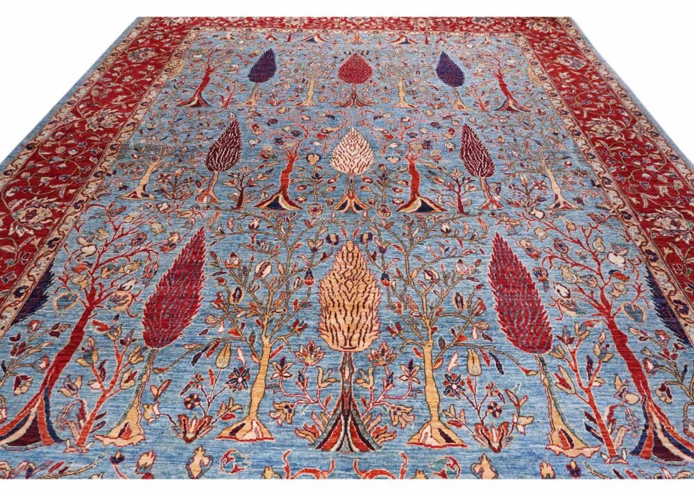Traditional Memluk Red and Grey Rug Plants & Trees Pattern 9x8 ft