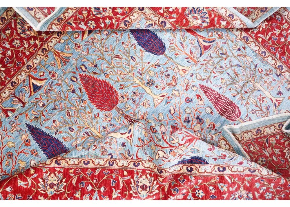 Traditional Memluk Red and Grey Rug Plants & Trees Pattern 9x8 ft