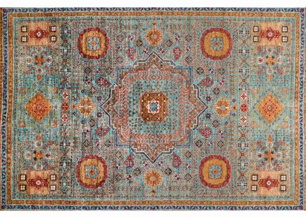 Traditional Orange and Blue Rug 7.8x5.7 ft Hand-Knotted Memluk