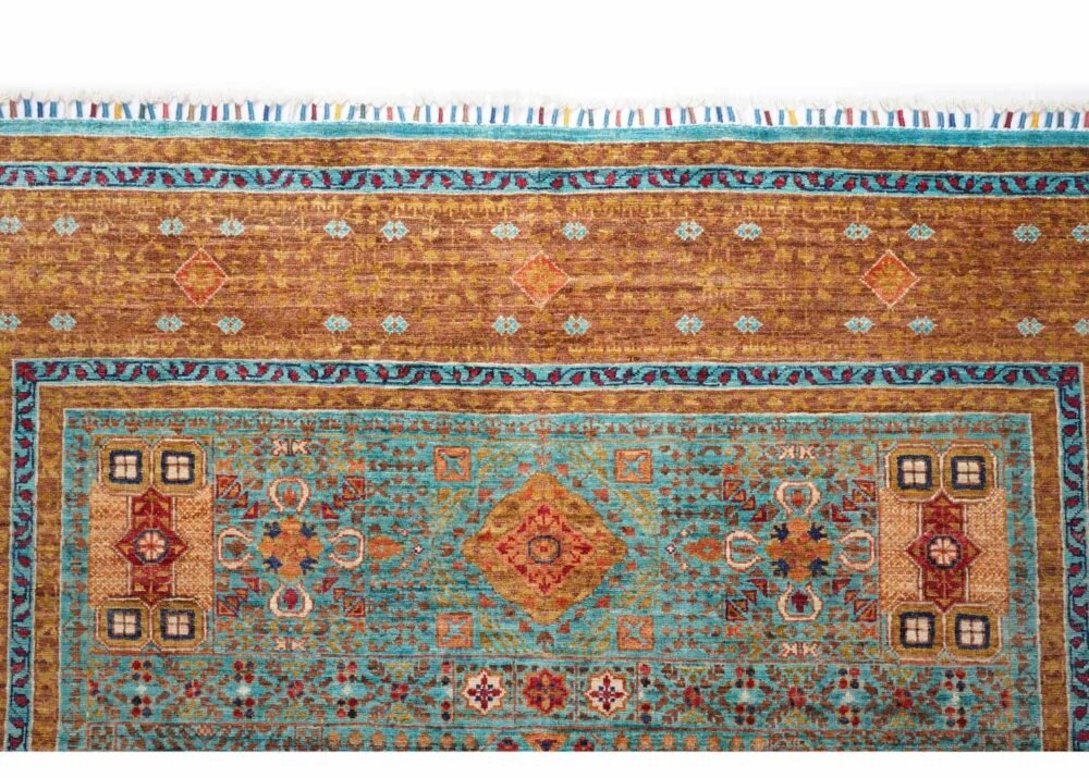 Traditional Orange and Blue Rug 7.8x5.7 ft Hand-Knotted Memluk