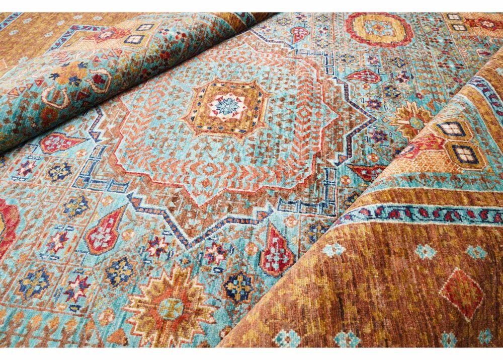 Traditional Orange and Blue Rug 7.8x5.7 ft Hand-Knotted Memluk
