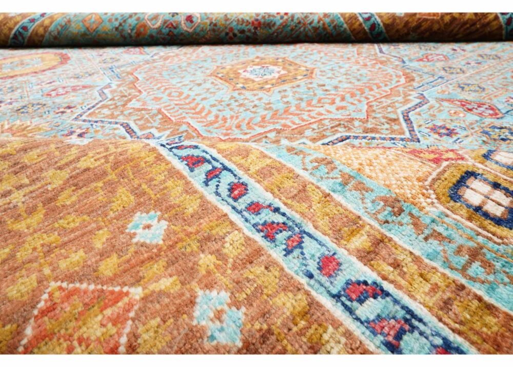 Traditional Orange and Blue Rug 7.8x5.7 ft Hand-Knotted Memluk