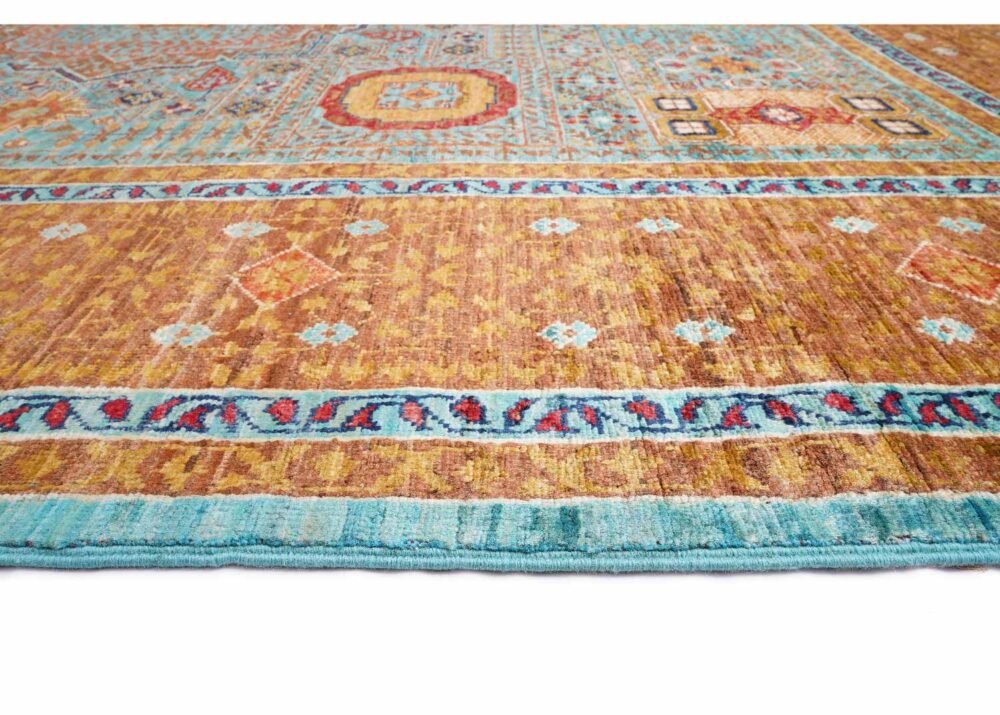 Traditional Orange and Blue Rug 7.8x5.7 ft Hand-Knotted Memluk