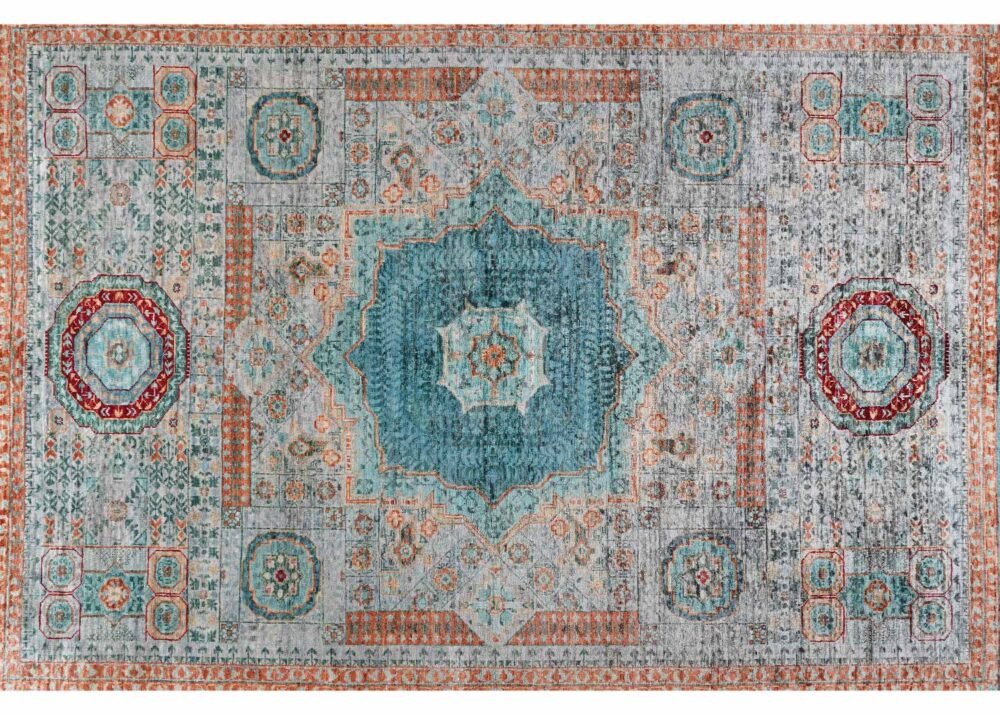 Traditional Rug Orange and Blue Hand-Knotted Memluk 7.9x6 ft