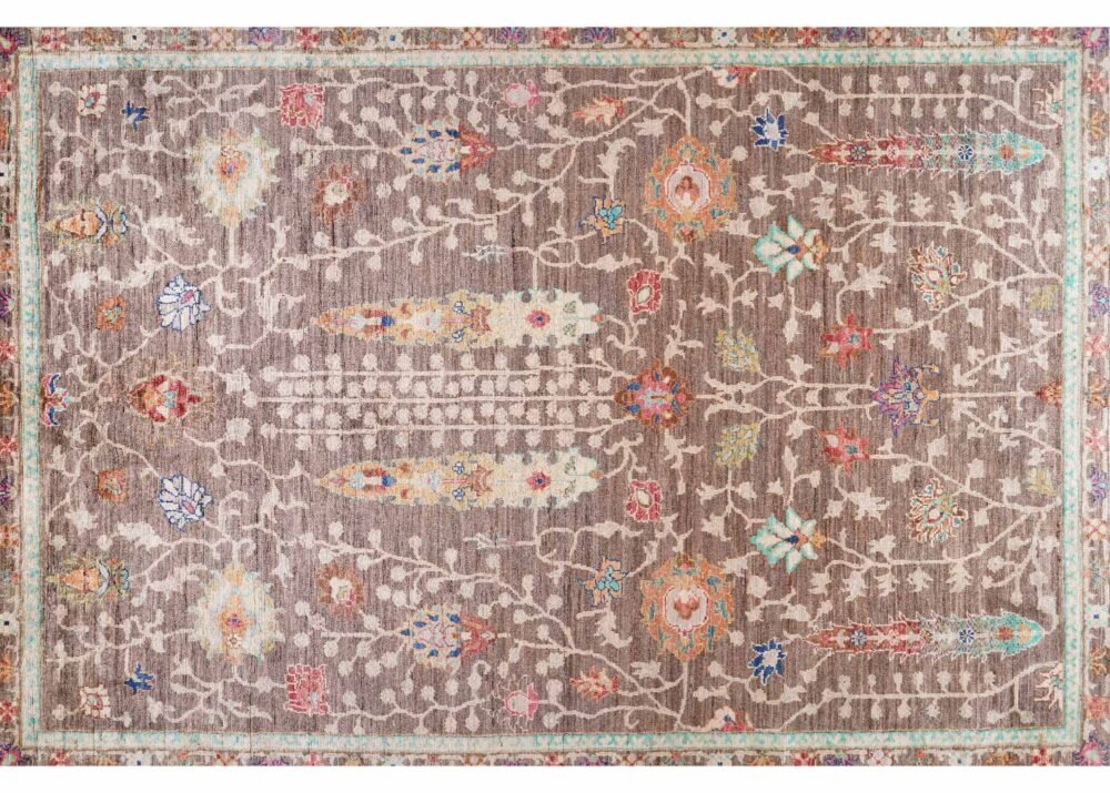 Traditional Sultani Area Rugs Brown Beige 7.7x5.7 ft Hand-Knotted