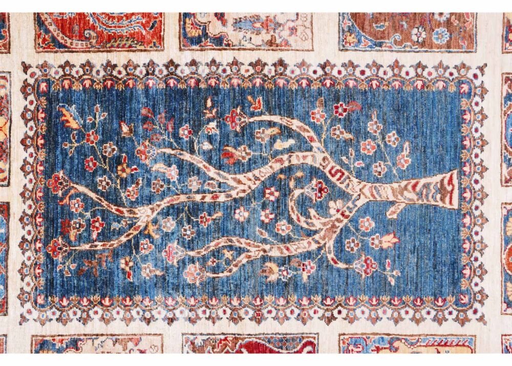 Traditional Sultani Blue Check Rug 7.9x5.7 ft Hand-Knotted