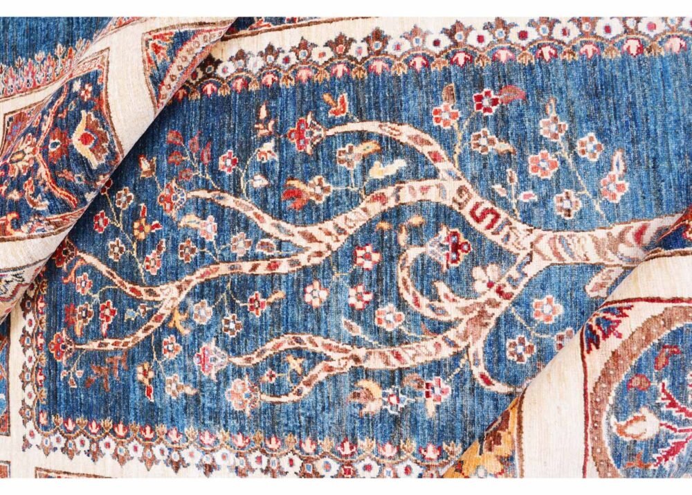 Traditional Sultani Blue Check Rug 7.9x5.7 ft Hand-Knotted