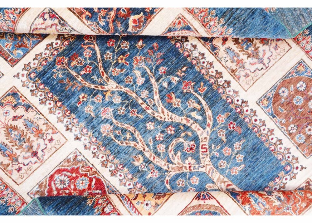 Traditional Sultani Blue Check Rug 7.9x5.7 ft Hand-Knotted