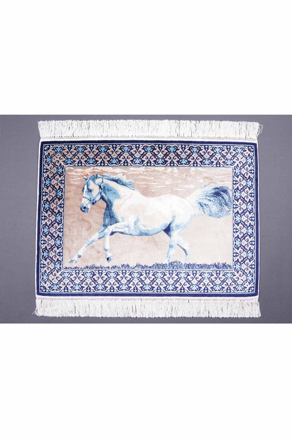 Turkish Portrait Washable Area Rug Blue and Beige Bamboo-Silk - Rugs 1