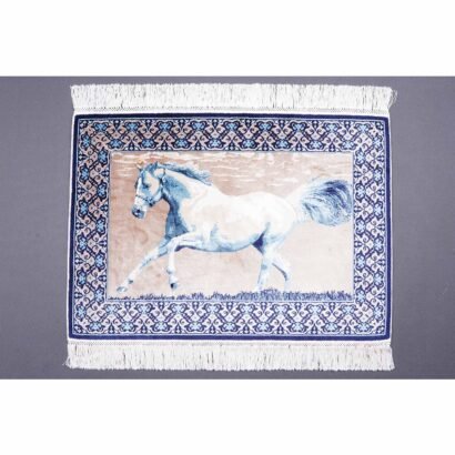 Turkish Portrait Washable Area Rug Blue and Beige Bamboo-Silk - Rugs 1