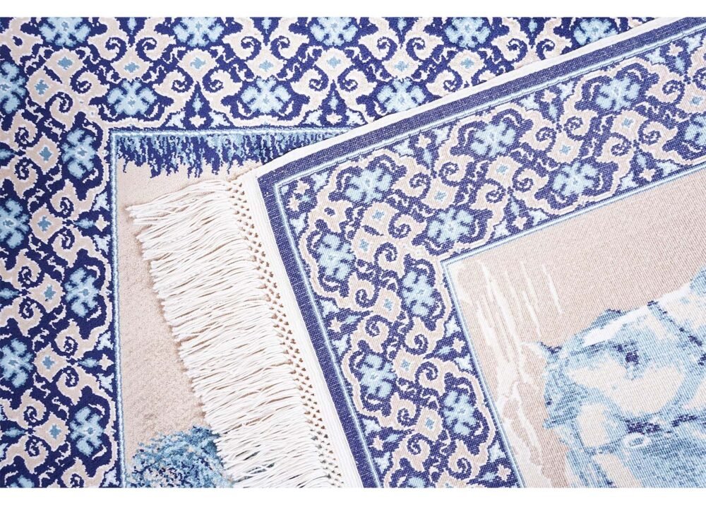 Turkish Portrait Washable Area Rug Blue and Beige Bamboo-Silk - Rugs 1