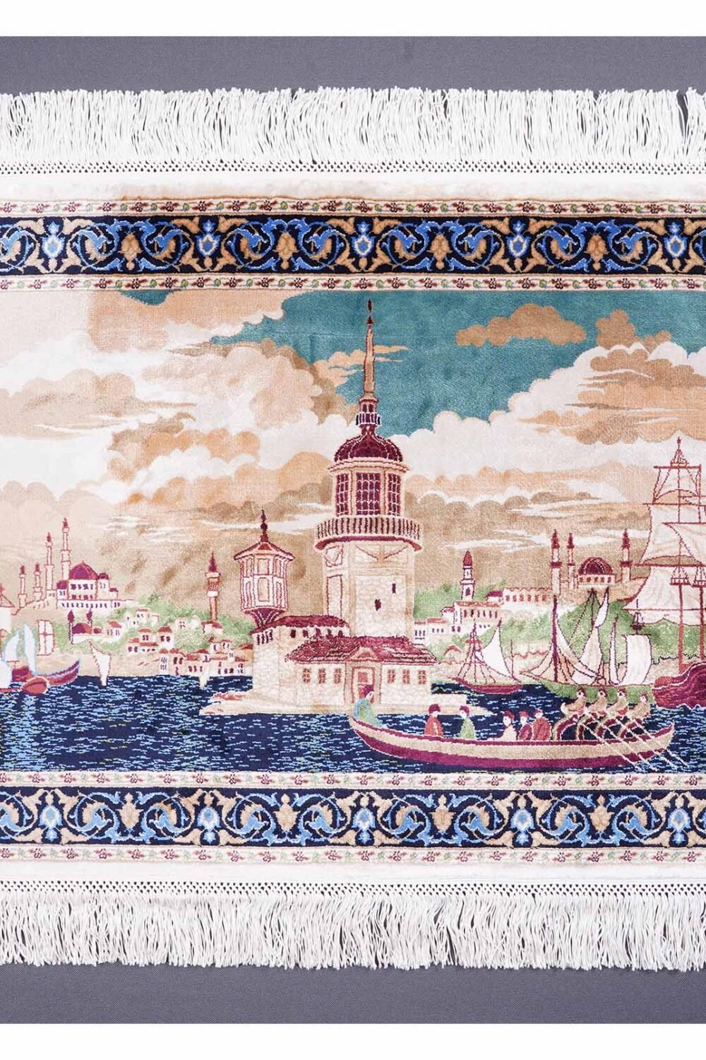 Turkish Small Rug Blue Beige Silk Portrait 1.6x2.2 ft - Rugs 1