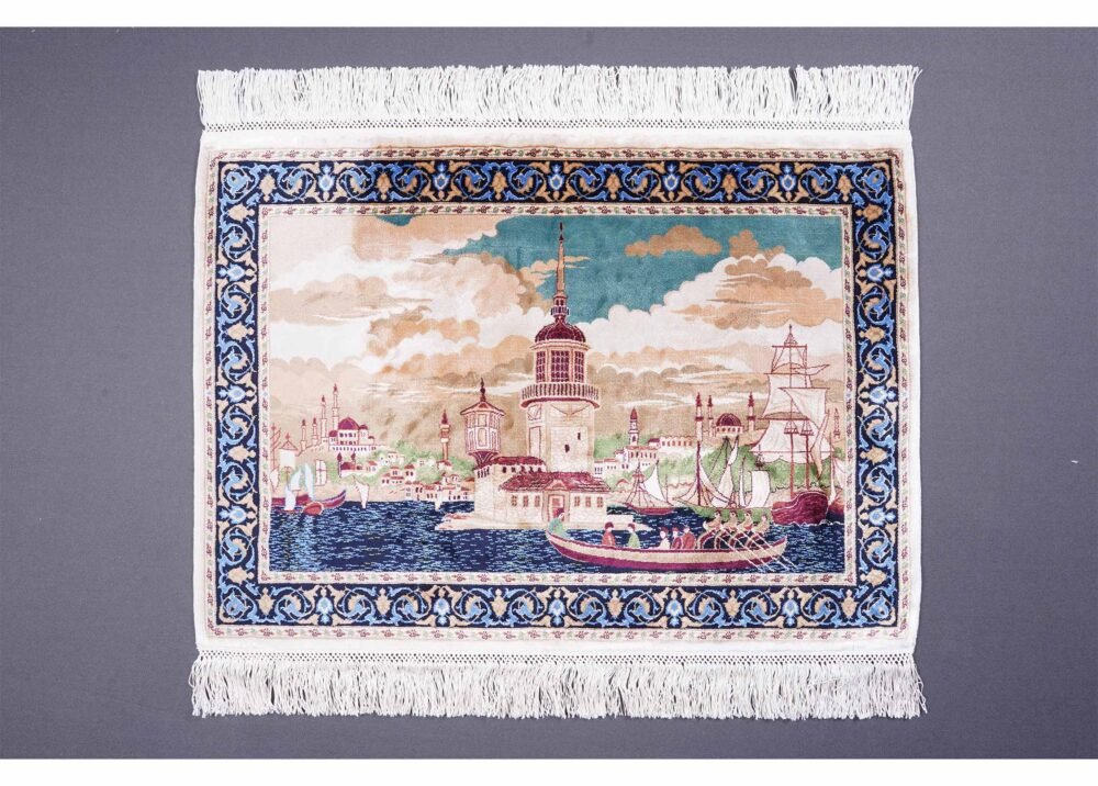Turkish Small Rug Blue Beige Silk Portrait 1.6x2.2 ft - Rugs 1