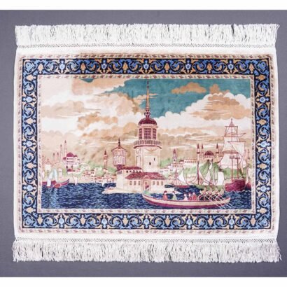 Turkish Small Rug Blue Beige Silk Portrait 1.6x2.2 ft - Rugs 1