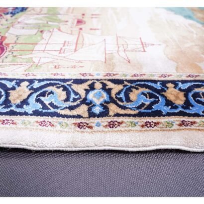 Turkish Small Rug Blue Beige Silk Portrait 1.6x2.2 ft - Rugs 1