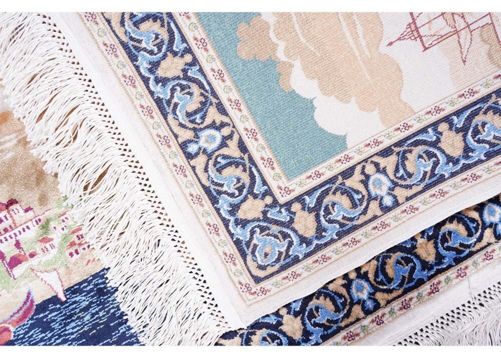 Turkish Small Rug Blue Beige Silk Portrait 1.6x2.2 ft - Rugs 1